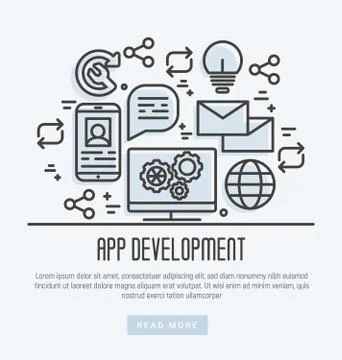 Icons of mobile app development process in thin line style. Stock Illustration