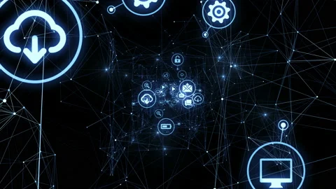 Icons Moving in Abstract Network Grid with Glowing Lights. Beautiful Looped 3d 動画素材 95590759