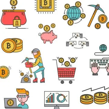 Icons pattern of blockchain concept, bitcoin, cryptocurrency mining. Vector Stock Illustration