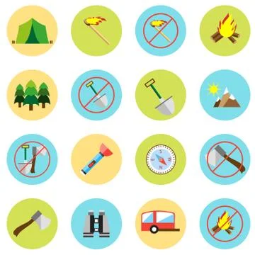 Icons picnic, rest in the forest in a flat style. Vector image on a round col Stock Illustration