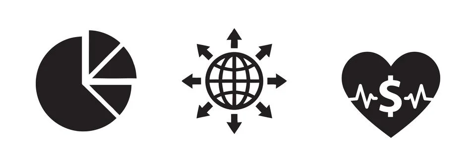 Icons of Pie Chart, Global Network, and Financial Health Illustrazione stock