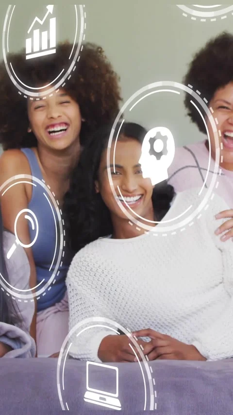 Icons representing technology and education animation over diverse women Stock Footage 342954351