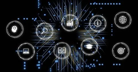 Icons representing various concepts with data processing image over dark Stock Illustration