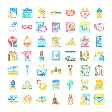 Icons set depicting many different objects themes concepts Stock Illustration