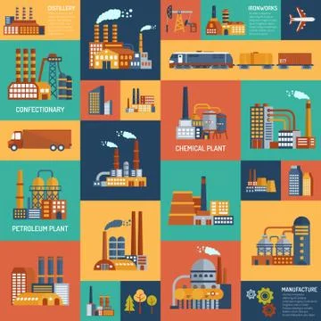 Icons Set With Different Types Of  Industrial Enterprises Stock Illustration
