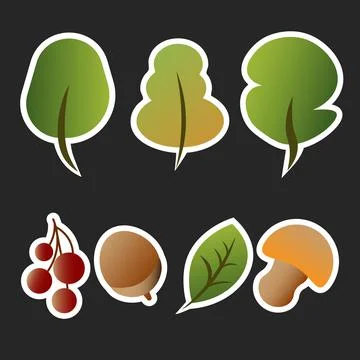 Icons set fall tree simple flat illustration stickers mushroom berry leaf aco 스톡 일러스트