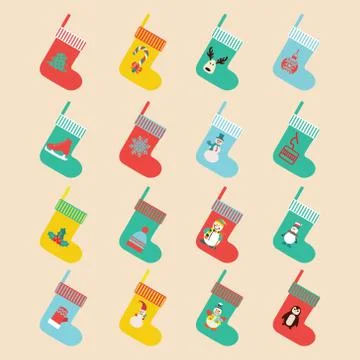 Icons set in flat design made of christmas socks. Stock Illustration