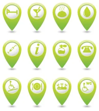 Icons set on green map pointer. Stock Illustration