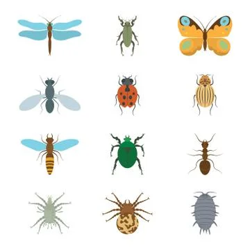 Icons set insects flat - dragonfly, beetle, butterfly, fly, ladybug, koroladsky Stock Illustration