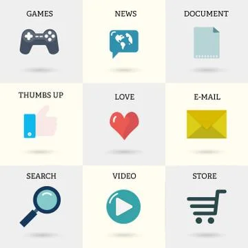 Icons set of internet instruments: document, mail, online shop, video, sear.. Illustrazione stock