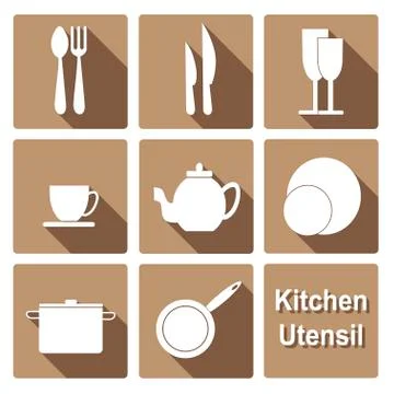 Icons set of kitchen utensil in flat design style Stock Illustration