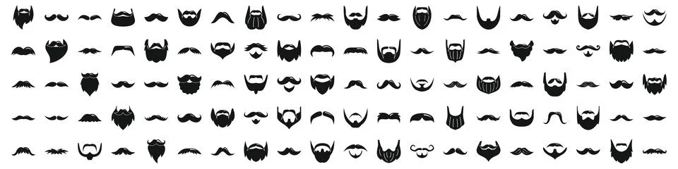 Icons set. Large set of black mustache and beard icons showing different styl Stock Illustration