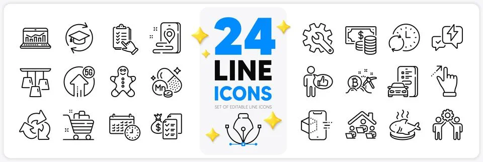 Icons set of Lightning bolt, Customisation and Grocery basket line icons. For Stock Illustration