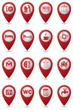Icons set on red map pointers Stock Illustration