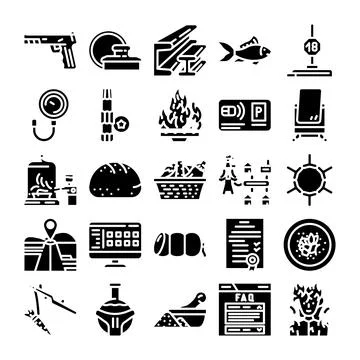 Icons set representing various items and activities Stock Illustration