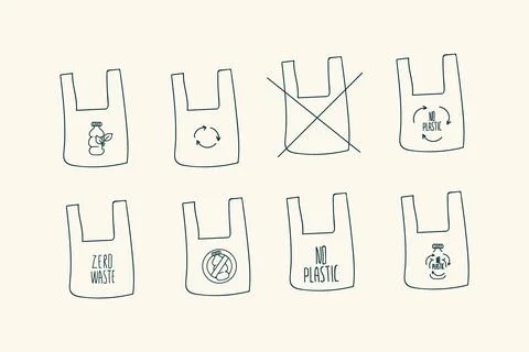 Icons in the set there is no plastic. Conceptual life without plastic, recycling Stock Illustration
