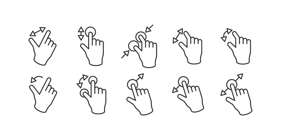 Icons set of touchscreen hand gestures including swipe left, swipe right, zoo Stock Illustration