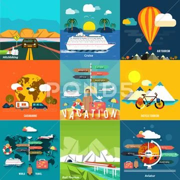 Icons set of traveling and planning a summer vacation Stock Illustration