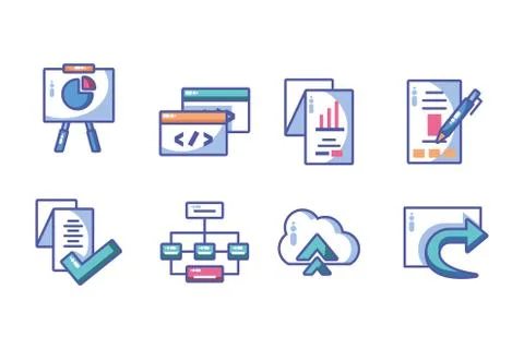 Icons set of web development and website programming process Illustrazione stock