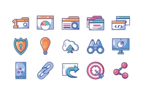 Icons set of web development and website programming process 库存插图