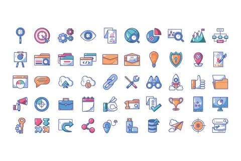 Icons set of web development and website programming process Stock Illustration