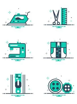 Icons of sewing machines and objects of fabric and thread isolated on a white ba Illustrazione stock