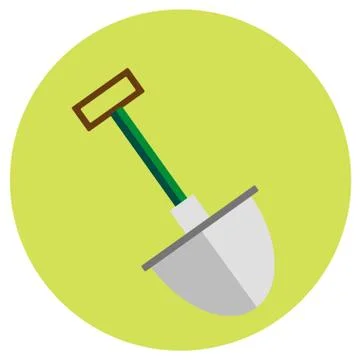 Icons of a shovel in a flat style. Vector image on a round colored background Stock Illustration