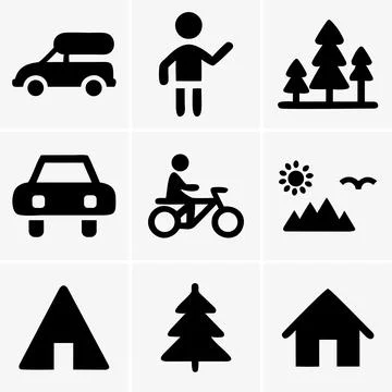 Icons showcase elements like a loaded car, cyclist, trees, a house, sun, moun Stock Illustration