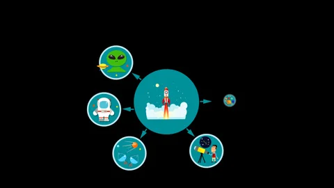 Icons of space elements rocket cosmonaut stars satellite telescope concept Stock Footage 276903112