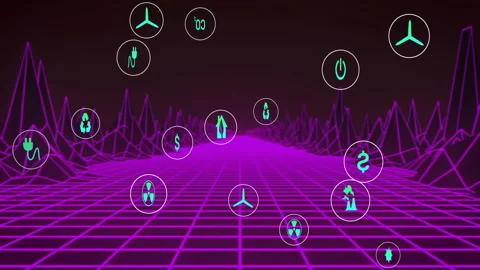 Icons spawning at horizon, drifting toward viewer over scrolling wireframe grid Stock Footage 310140862