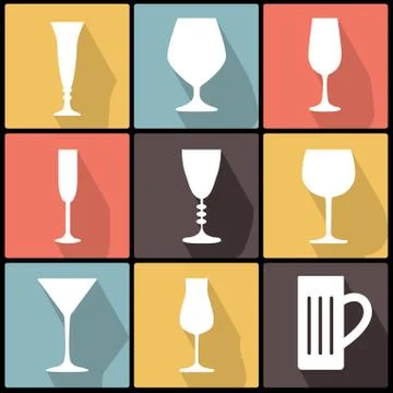 Icons with stemware in flat design Stock Illustration