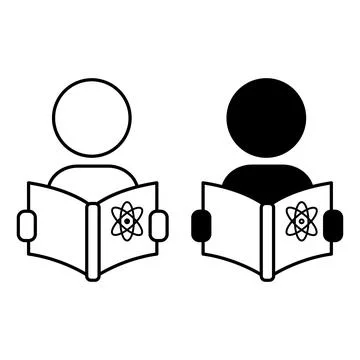 Icons Study. Black and White Vector Icons of Person with Physics Textbook. .. Stock-Illustration