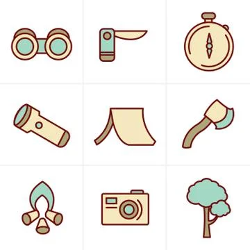 Icons Style vector black camping theme set on gray Stock Illustration