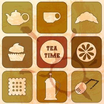 Icons Tea Time. Set of 9 icons. Grunge background Illustrazione stock