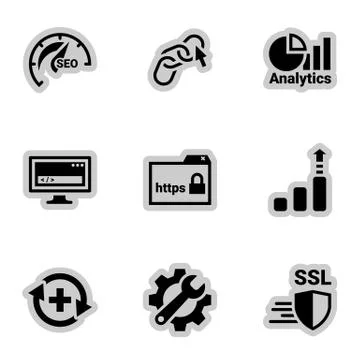 Icons for theme SEO Optimization and Security, vector, icon, set. White backg Ilustración de archivo