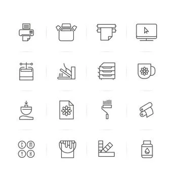 Icons types of printing, typography. Vector illustration in thin line style. Stock Illustration