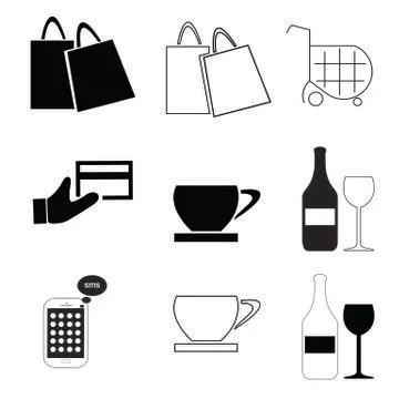 Icons vector set with coffee - shopping cart - bags - drink glass - mobile phone Stock Illustration