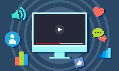 Icons with video sharing on computer screen concept. vector illustration. Stock Illustration