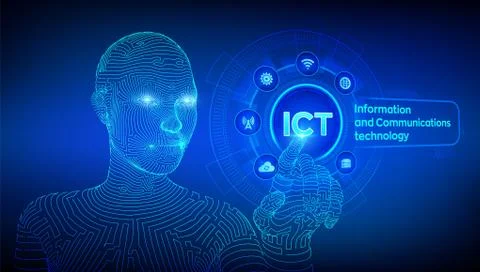 ICT. Information and communication technology concept on virtual screen. Wire 스톡 일러스트