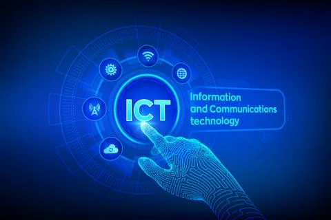 ICT. Information and communication technology concept on virtual screen. Wire イラスト素材