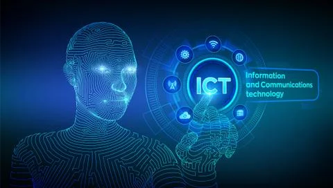 ICT. Information and communication technology concept on virtual screen. Wire イラスト素材