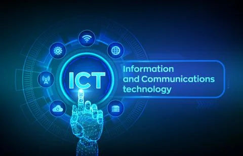 ICT. Information and communication technology concept on virtual screen. Wire Stock Illustration
