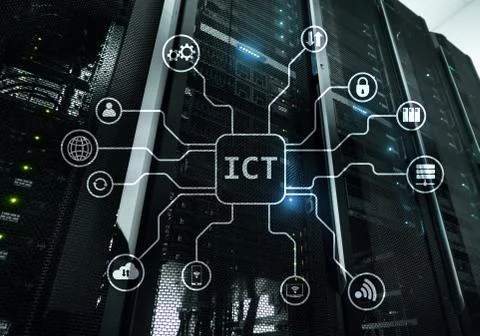 ICT - information and communications technology concept on server room backgr Stock Illustration