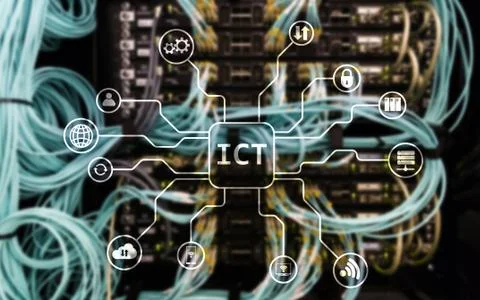 ICT - information and communications technology concept on server room backgr Stock Photos