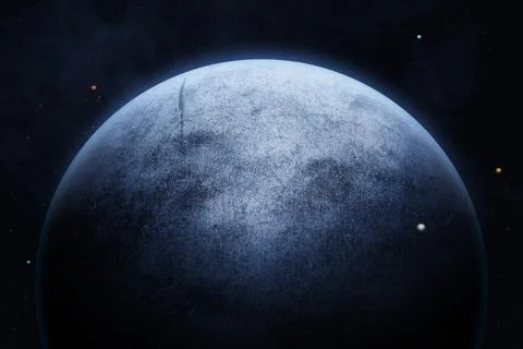 Icy alien planet with five moons in space. Stock Photos