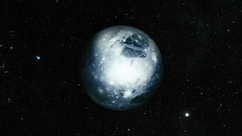 An icy blue planet floats in a dark starry space background, showing a cold.. Stock Footage 337080206