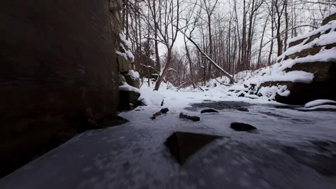 Icy creek surrounded by snow covered trees Stock Footage 323338997