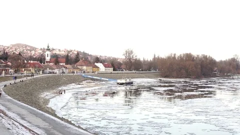 Icy danube, small town Stock Footage 71499468