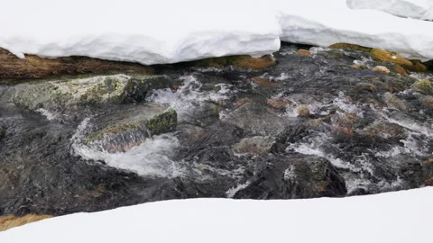 Icy mountain stream flowing under melting snow with exposed rocks Stock Footage 306152112