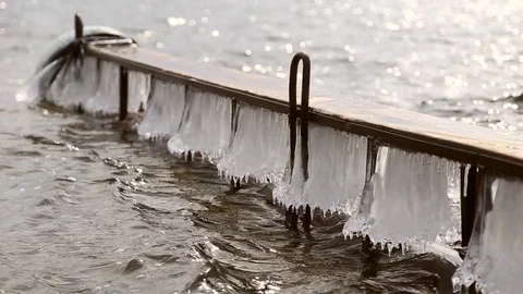 Icy pier on the river in the spring Stock Footage 74164503